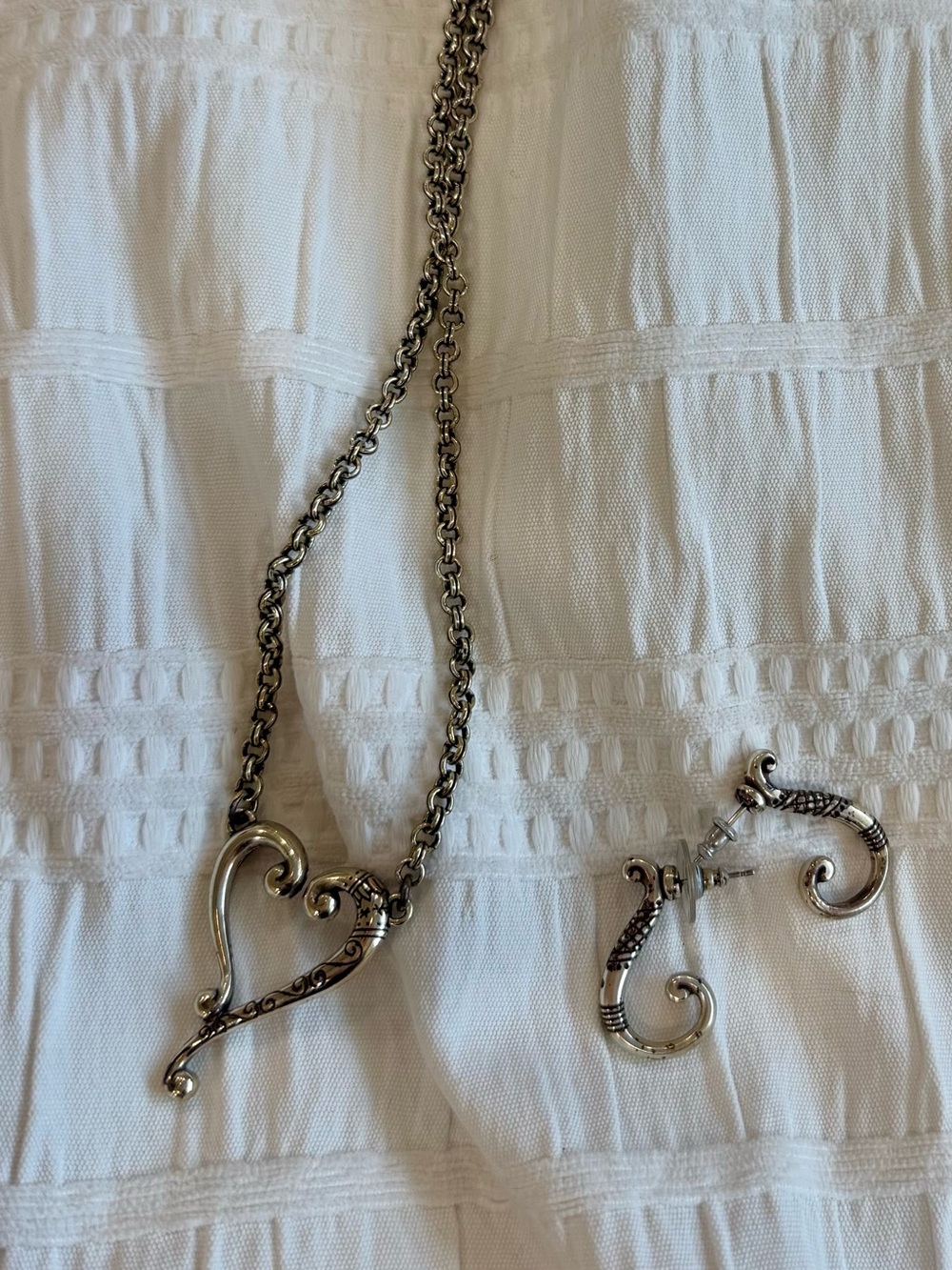 Brighton Retired Tuscan Heart Scroll Necklace & Earring Set Silver Plated